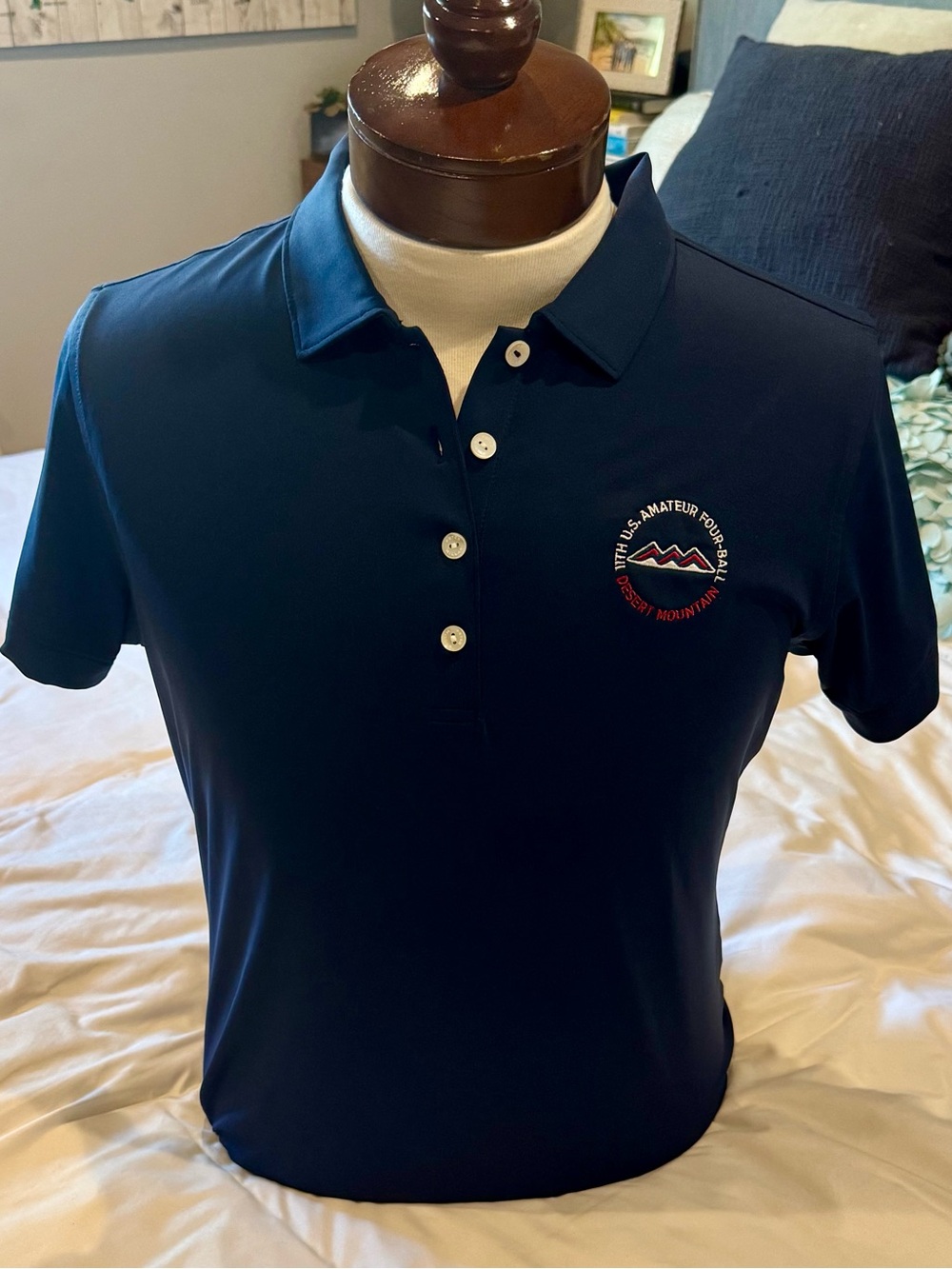 Women’s Peter Millar Navy Short Sleeve Polo with Desert Mountain Logo